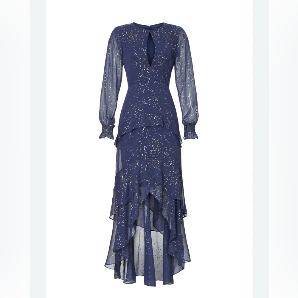 Anthropologie Hutch Molly Gown Navy Gold Sparkly Chiffon Ruffled Tiered Small 00 - Picture 13 of 15
